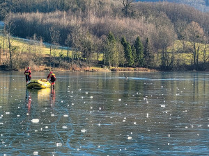 FOTO, VIDEO: Srna uvízla na zamrzlé přehradě. Z ledové pasti ji zachránili hasiči z Kopřivnice