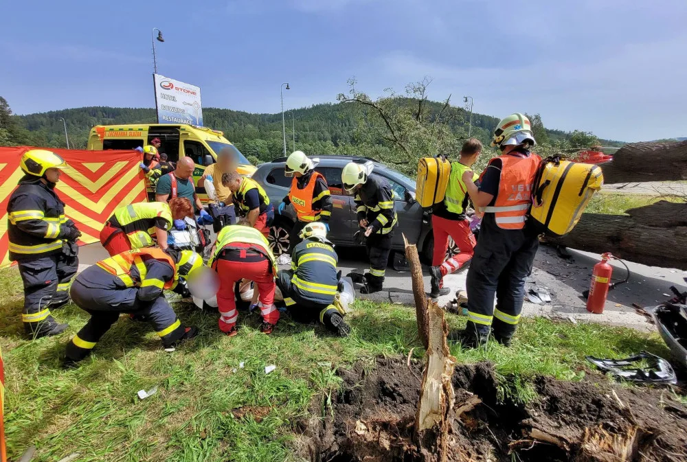 Na projíždějící auto na Bruntálsku spadl strom. Tři lidé se zranili, staršího muže museli záchranáři oživovat