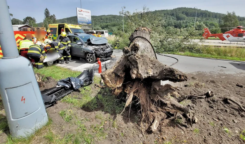 Na projíždějící auto na Bruntálsku spadl strom. Tři lidé se zranili, staršího muže museli záchranáři oživovat