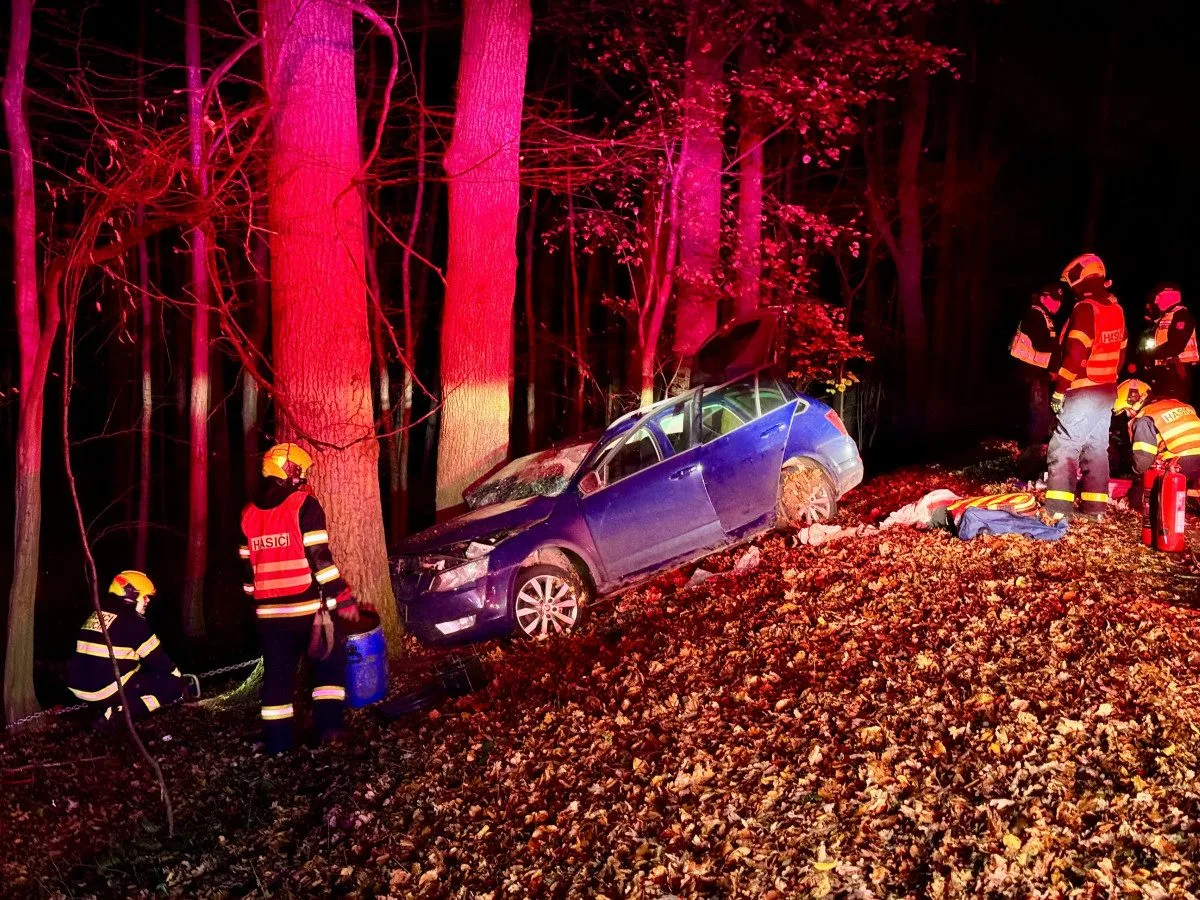 Noční zásah na Opavsku: auto narazilo do stromu, hasiči vyprošťovali zaklíněnou ženu