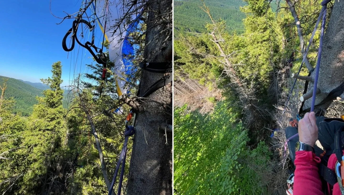 Záchrana paraglidistů, kteří zůstali viset na stromech