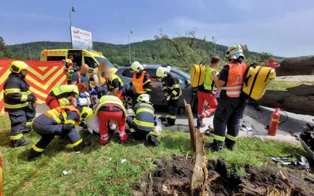 Na projíždějící auto na Bruntálsku spadl strom. Tři lidé se zranili, staršího muže museli záchranáři oživovat