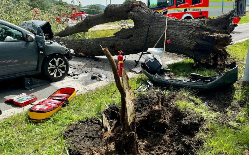 Na projíždějící auto na Bruntálsku spadl strom. Tři lidé se zranili, staršího muže museli záchranáři oživovat