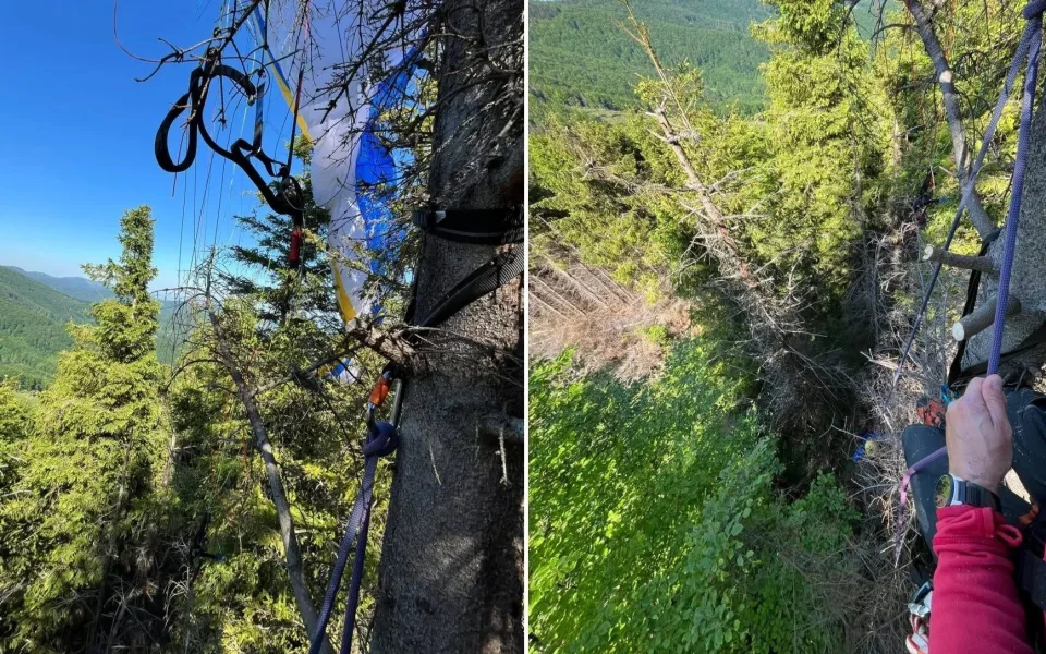 Záchrana paraglidistů, kteří zůstali viset na stromech